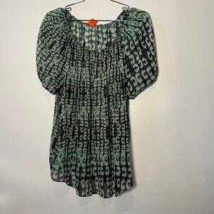 Joe Fresh Womens Mint Green Black Abstract Chiffon Puff Sleeve Tunic Top‎ Large